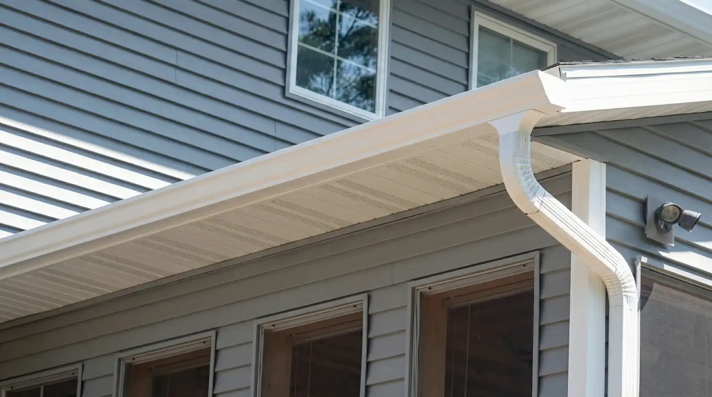 Professional home remodeling project showing newly installed white seamless gutters and downspouts on a house with gray siding in Rochester, NY