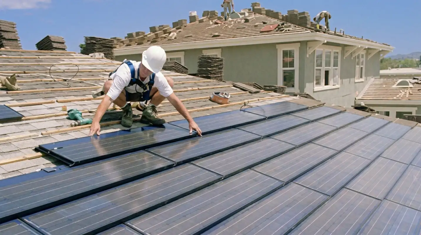 Roof replacement expert installing modern solar shingles on a residential home in Rochester, NY