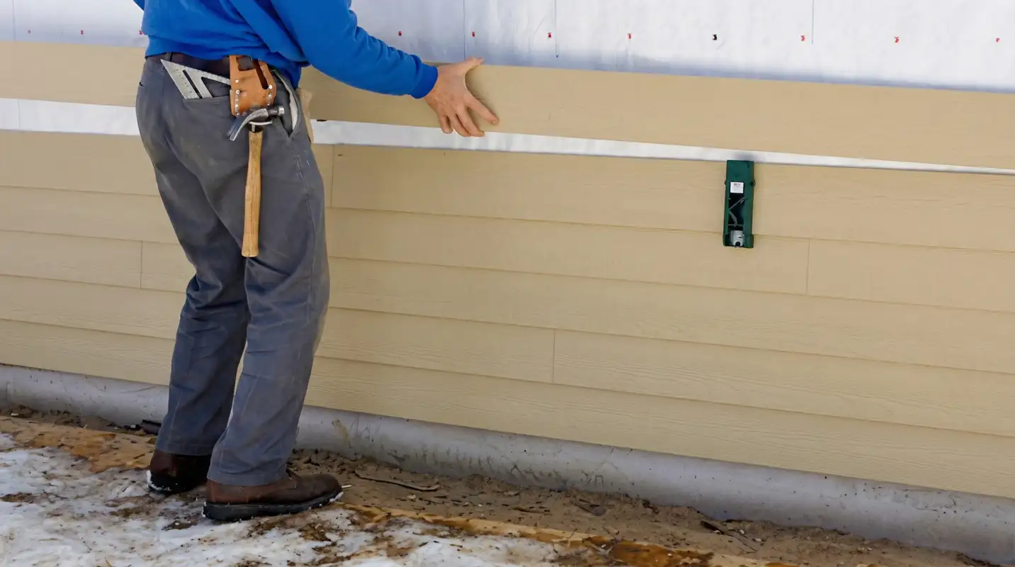 Siding replacement expert carefully aligning a new tan siding panel onto a residential exterior wall in Rochester, NY