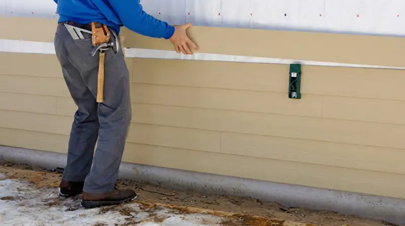 Siding replacement expert carefully aligning a new tan siding panel onto a residential exterior wall in Rochester, NY