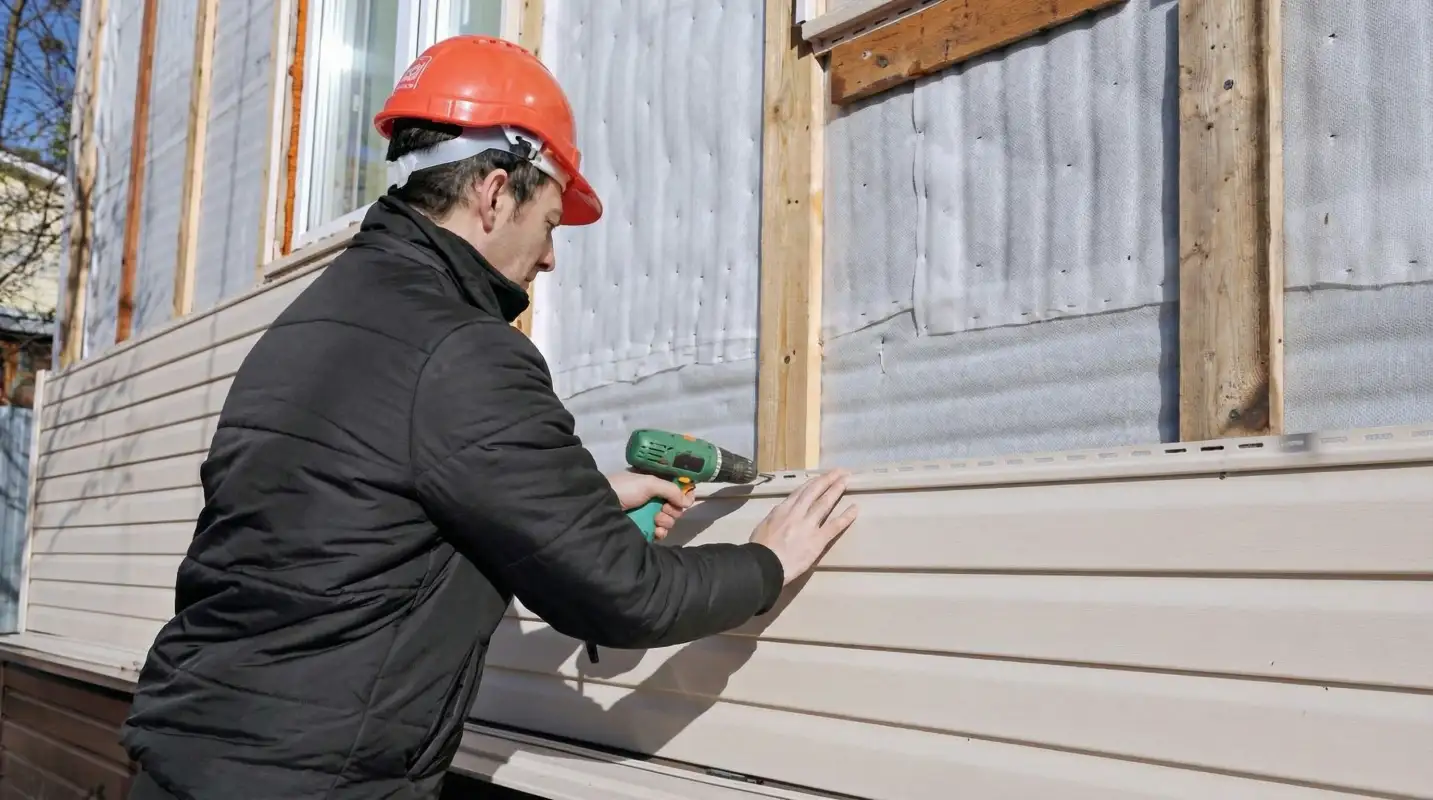 Siding replacement professional using a power drill to install new tan vinyl siding on a home exterior in Rochester, NY