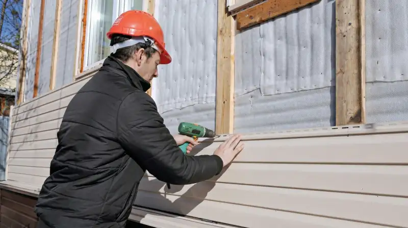 Siding replacement professional using a power drill to install new tan vinyl siding on a home exterior in Rochester, NY
