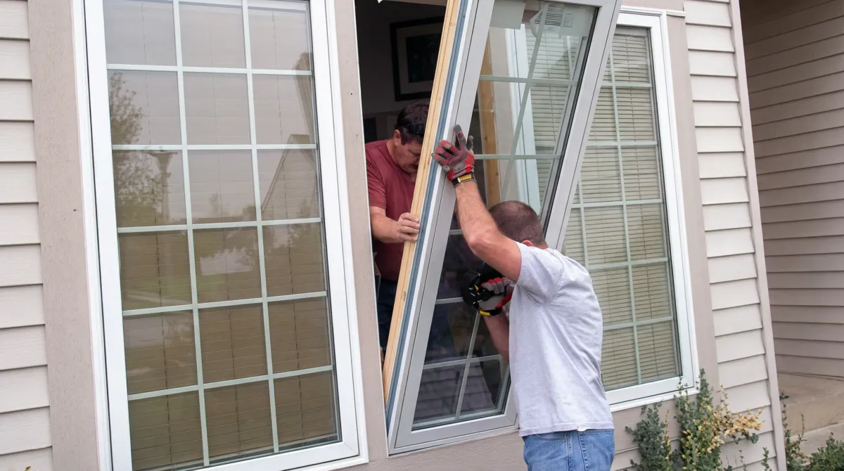 Professional home remodeling team installing a large replacement window on a house with tan siding in Rochester, NY