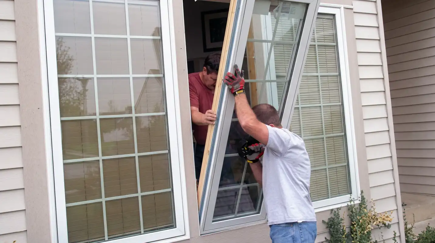 Professional home remodeling team installing a large replacement window on a house with tan siding in Rochester, NY